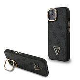 Guess PU 4G Strass Triangle Logo Stand Camera Frame MagSafe Zadní Kryt pro iPhone 15 Black