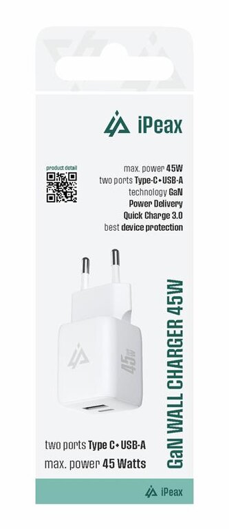 iPEAX GaN síťová nabíječka 45W (USB-C + USB-A) BÍLÁ