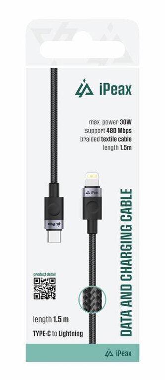 iPEAX textilní kabel USB-C / Lightning 1,5M, USB 2.0 černý
