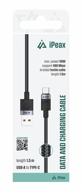 iPEAX textilní kabel USB-A / USB-C 1,5M, USB 2.0 černý