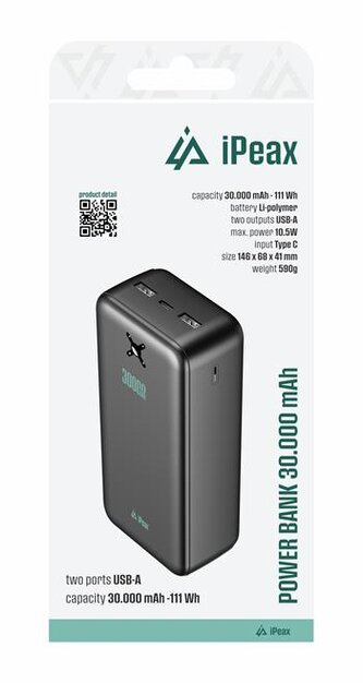 iPEAX Power banka 30000 mAh, 10,5W, 2x USB-A černá