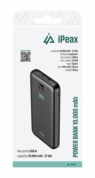 iPEAX Power banka 10000 mAh, 10,5W, 2x USB-A černá