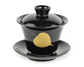 Porcelánový zhong/gaiwan Tilia, černý, zlatý list lípy, 160 ml