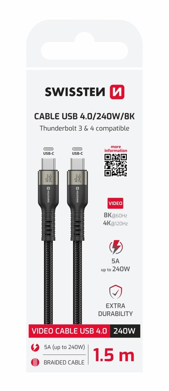SWISSTEN DATOVÝ VIDEO KABEL USB 4.0, USB-C, 240W, 8K@60Hz, 40 GB/s, TB3 & TB4, 1,5 M ČERNÝ