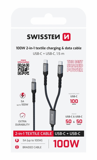 SWISSTEN NABÍJECÍ KABEL 2v1 100W USB-C / 2x USB-C 1,5 M ČERNÝ