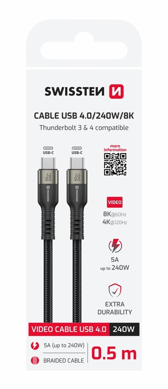 SWISSTEN DATOVÝ VIDEO KABEL USB 4.0, USB-C, 240W, 8K@60Hz, 40 GB/s, TB3 & TB4, 0,5 M ČERNÝ