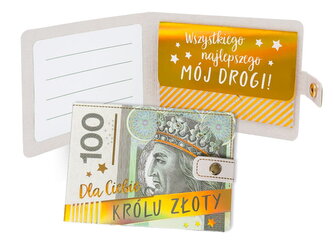 Portfelik tekturowy z kopertką "100 zł dla Ciebie królu złoty" POR-011