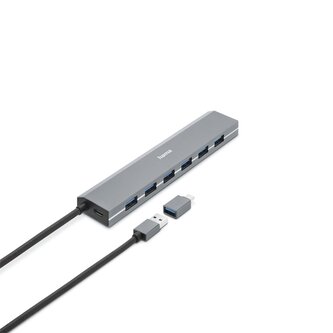 Hama USB hub, 7 portů, USB 3.2, 5 Gb/s, USB-C adaptér, síťový zdroj
