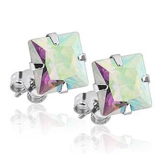 OPN1604 Ocelové náušnice - duhové zirkony 6x6 mm