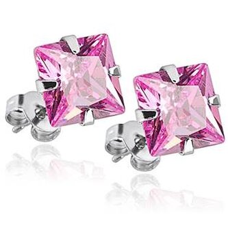 OPN1607 Ocelové náušnice - růžové zirkony 6x6 mm