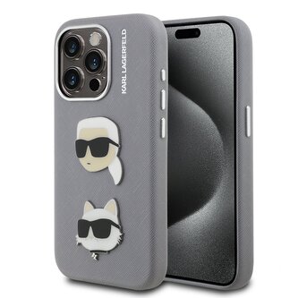 Karl Lagerfeld Grained PU K&CH Heads kryt iPhone 15 Pro Max šedý