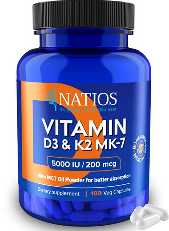 Natios Vitamin D3 & K2 (MenaQ7 MK-7) 5000 IU & 200 mcg 100 kapslí