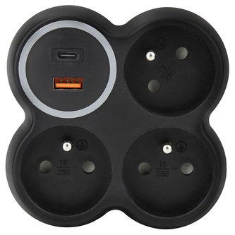 Solight rozbočka, 3x 15A, USB A+C rychlonabíječka 20W PD, matná černá