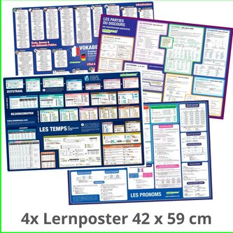 mindmemo Lernposter 4er Set - Französische Zeiten + Wortarten + Pronomen + Grundwortschatz | Grammatik lernen Grundwissen Lernhi