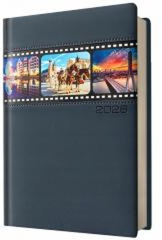 Kalendarz 2026 A5 dzienny granatowy miasta Polski