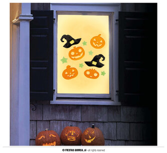 Gelová dekorace na okno Halloween – Dýně a čarodějnické klobouky 20 x 25 cm