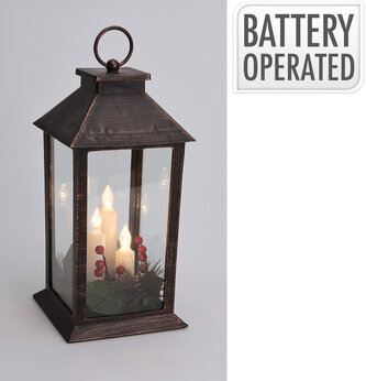 lucerna LED svíčka 29x14x14cm sklo/MĚĎ ČER