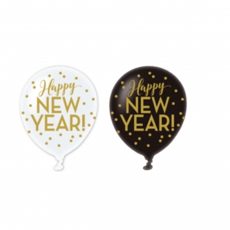 Balonky latexové Happy New Year černé a bílé 27,5 cm, 6 ks