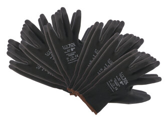 Rukavice pracovní z polyesteru polomáčené v PU GLOVE PE-PU 9, černé, vel 9", 6 párů SIXTOL
