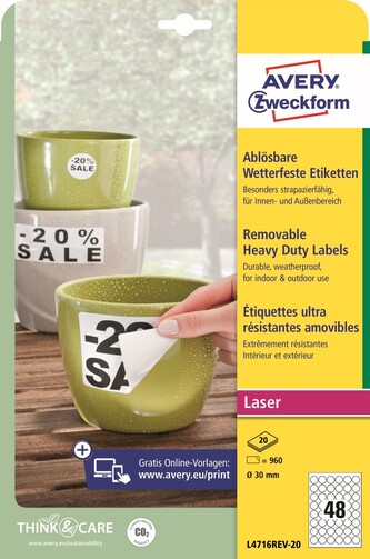 Avery Zweckform L4716REV-20 Snímatelné kulaté odolné PET etikety Ø 30 mm, bílé