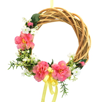 Proutěný věneček s jarní dekorací, růžový, Ø25 cm