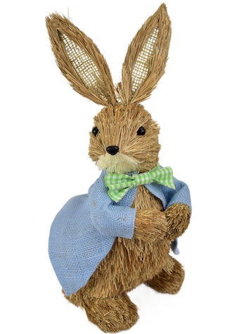 Slámový zajíc v modrém kabátku 39 cm