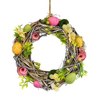 Slámový věnec s vajíčky a s kvítky Ø30 cm