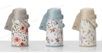 termokonvice 3,0l pump.KVĚTY, dlouhý krk, 3DEK., sklo/kov