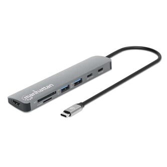 MANHATTAN Dokovací stanice USB-C 7v1, 1xHDMI, 2xUSB-C, 2xUSB, čtečka SD karet, šedá