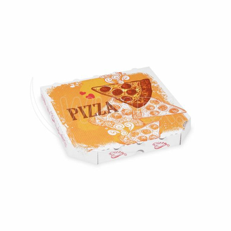 Krabice na pizzu (mikrovlnitá lepenka) E6 bílá s potiskem 26 x 26 x 3 cm [100 ks]