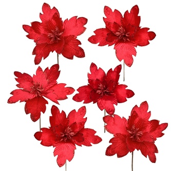 Poinsetie květ zápich textilní třpytivá červená Ø30 cm, 6 ks