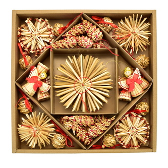 Slaměné ozdoby s červeným dekorem, 56 ks