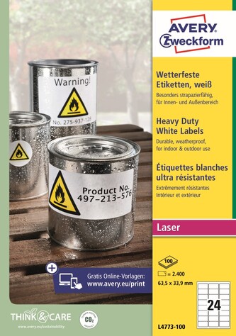 Avery Zweckform L4773-100 Odolné etikety 63,5 × 33,9 mm, 2 400 ks, 100 archů A4, bílé, PET