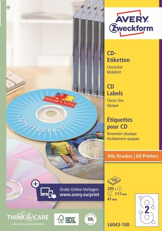Avery Zweckform L6043-100 Etikety na CD Ø 117 mm, 100 archů, bílé