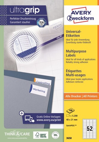Avery Zweckform 3650 Samolepicí etikety 48 × 21 mm, 5 200 ks, 100 archů A4, bílé