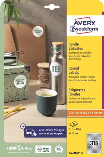 Avery Zweckform 6221REV-10 Kulaté etikety Ø 10 mm, 3 150 ks, 10 archů A4, bílé, snímatelné