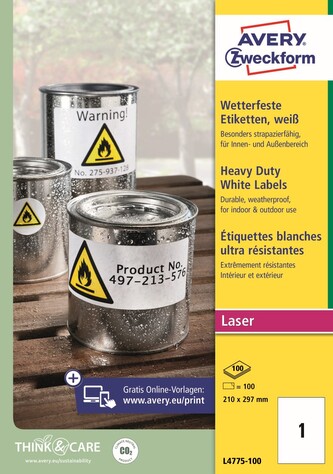 Avery Zweckform L4775-100 Odolné etikety A4, 100 ks, 100 archů A4, bílé, PET