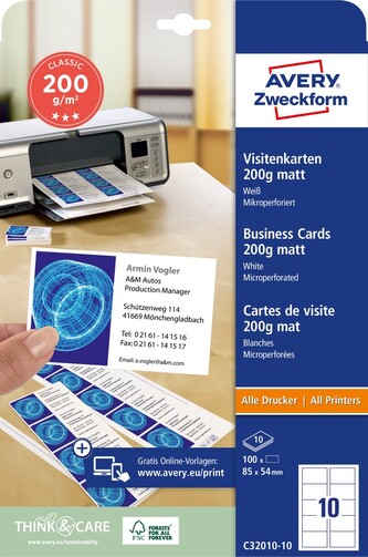 Avery Zweckform C32010-10 Vizitkový papír 85x54 mm, 200g/m2, 10 archů, 100 ks