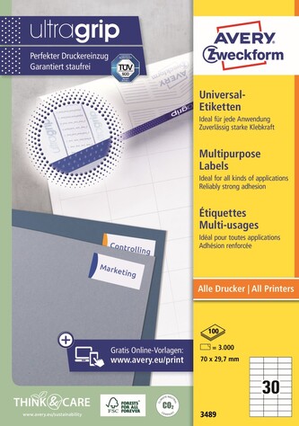 Avery Zweckform 3489 Samolepicí etikety 70 × 29,7 mm, 3 000 ks, 100 archů A4, bílé