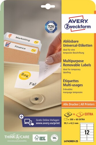 Avery Zweckform L4743REV-25 Snímatelné etikety 99,1 × 42,3 mm, 360 ks, 30 archů A4, bílé