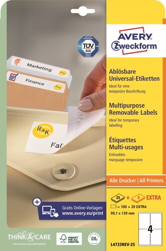 Avery Zweckform L4733REV-25 Snímatelné etikety 99,1 × 139 mm, 120 ks, 30 archů A4, bílé