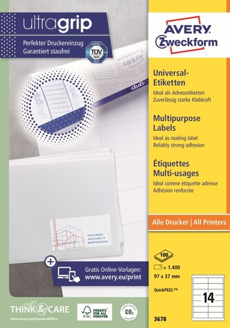 Avery Zweckform 3678 Samolepicí etikety 97 × 37 mm, 1 400 ks, 100 archů A4, bílé
