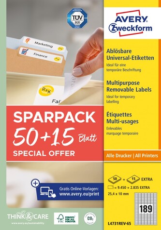 Avery Zweckform L4731REV-65 Snímatelné etikety 25,4 × 10 mm, 12 285 ks, 65 archů A4, bílé