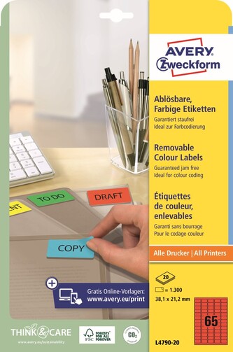 Avery Zweckform L4790-20 Barevné etikety 38,1 × 21,2 mm, 1 300 ks, 20 archů A4, červené, snímatelné