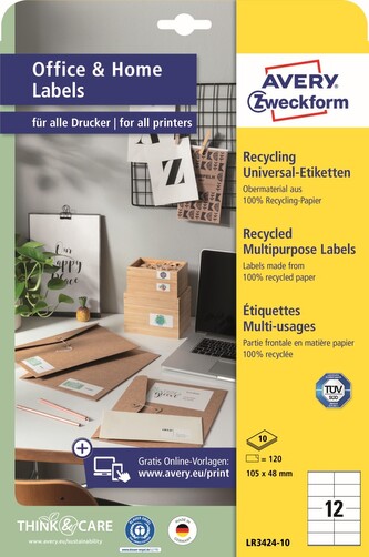 Avery Zweckform LR3424-10 Recyklované etikety 105 × 48 mm, 120 ks, 10 archů A4, přírodně bílé