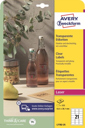Avery Zweckform L7782-25 Čiré etikety 63,5 × 38,1 mm, 525 ks, 25 archů A4, lesklá PET fólie