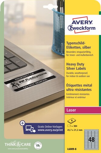 Avery Zweckform L6009-8 Odolné etikety 45,7 × 21,2 mm, 384 ks, 8 archů A4, stříbrné, PET