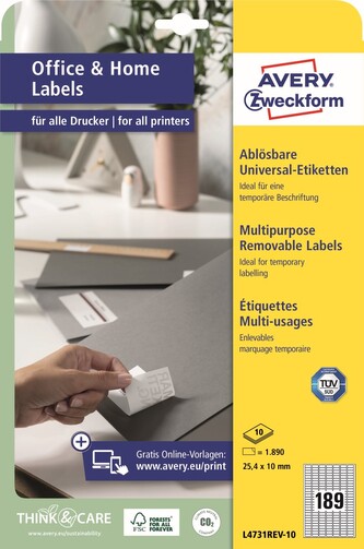 Avery Zweckform L4731REV-10 Snímatelné etikety 25,4 × 10 mm, 1 980 ks, 10 archů A4, bílé