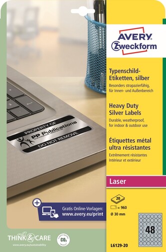 Avery Zweckform L6129-20 Odolné etikety Ø 30 mm, 960 ks, 20 archů A4, stříbrné, PET