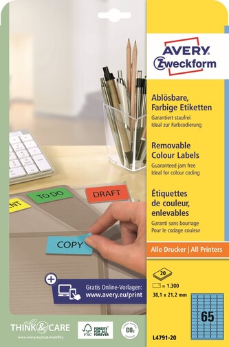 Avery Zweckform L4791-20 Barevné etikety 38,1 × 21,2 mm, 1 300 ks, 20 archů A4, modré, snímatelné